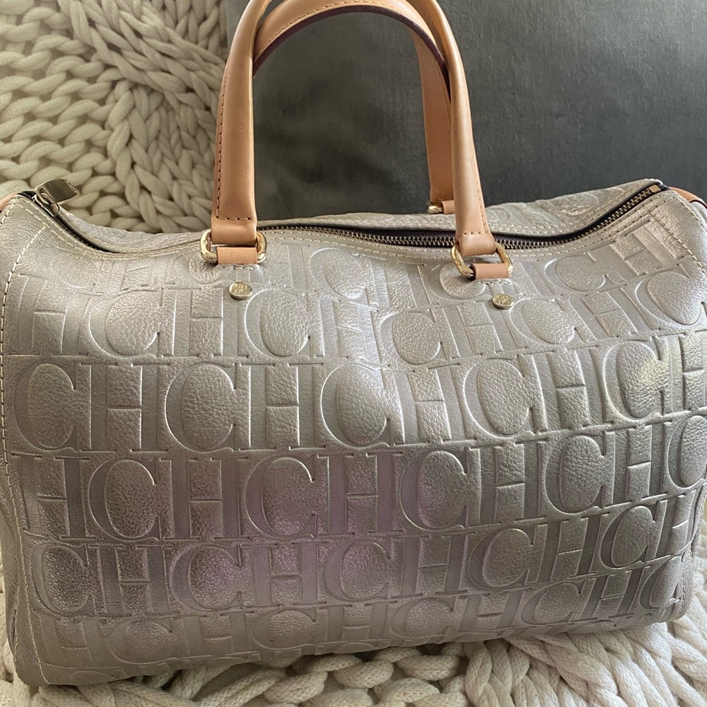 Carolina Herrera metallic silver monogram hand bag